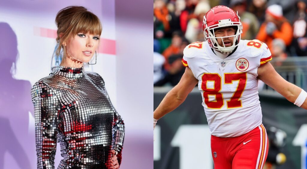 Split photo of Taylor Swift on the red carpet and Travis Kelce shrugging his shoulders during a game.