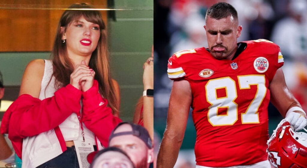 Taylor Swift at Chiefs gme. Travis Kelce in uniform