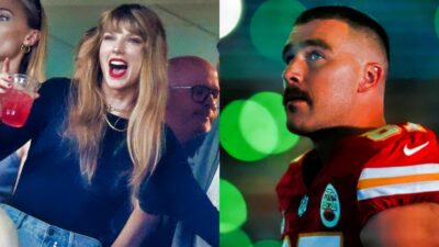 Taylor Swift smiling with drink in hand. Travis Kelce in uniform