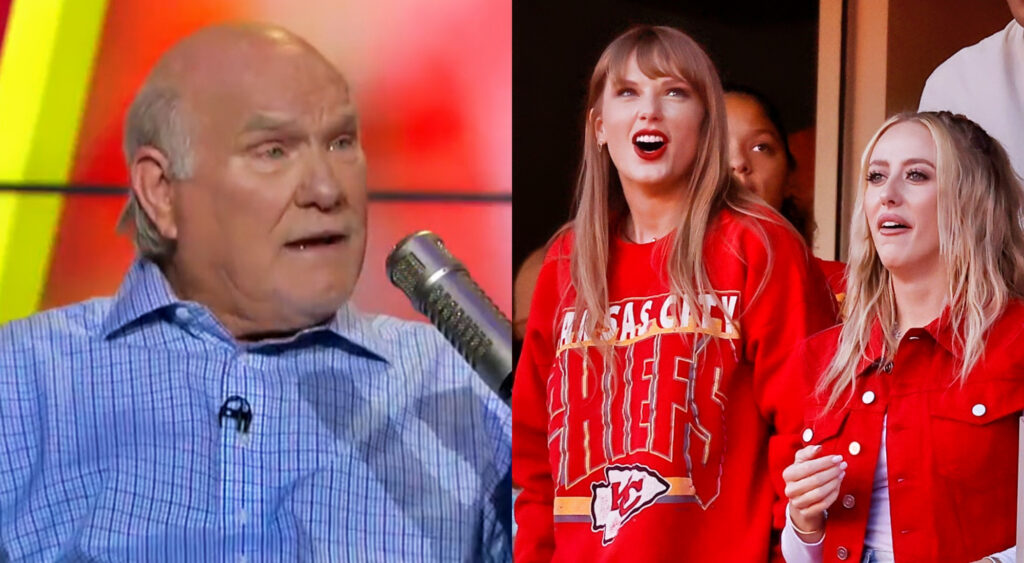 Photo of Terry Bradshaw speaking into a mic and photo of Taylor Swift standing next to Brittany Mahomes