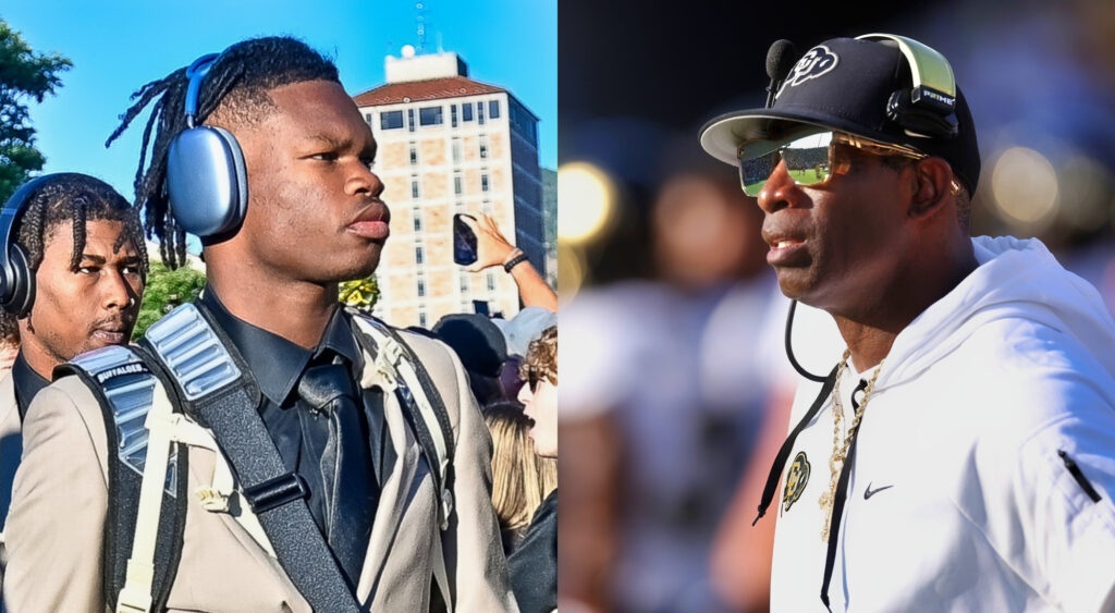 Photo of Travis Hunter with headphones and photo of Deion Danders in cap and sunglasses