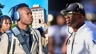 Photo of Travis Hunter with headphones and photo of Deion Danders in cap and sunglasses