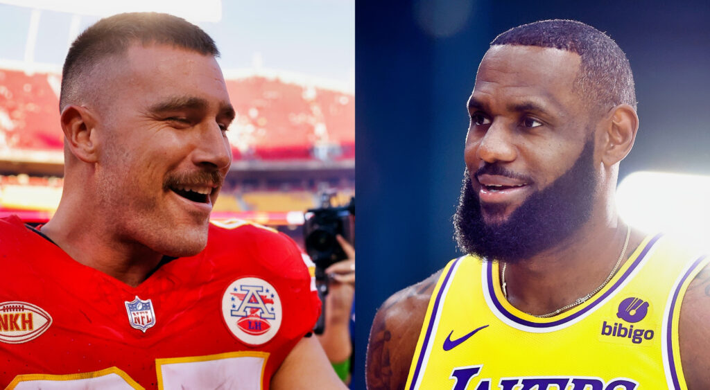 Photos of Travis Kelce and LeBron James smiling