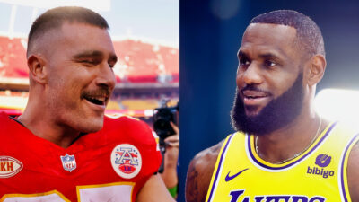 Photos of Travis Kelce and LeBron James smiling