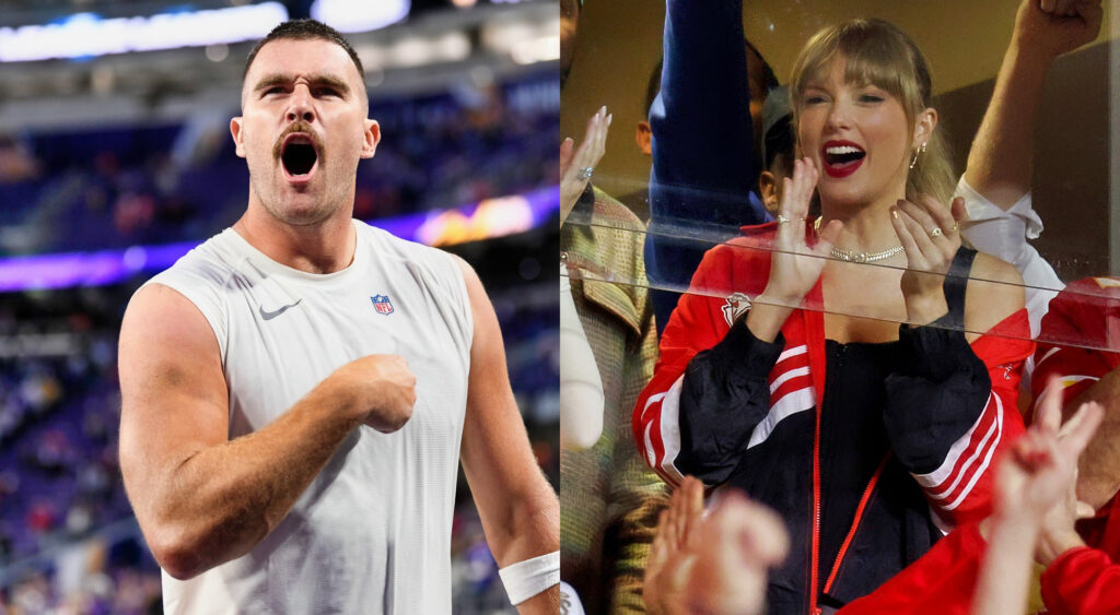 Photo of Travis Kelce pointing to himself and photo of Taylor Swift clapping