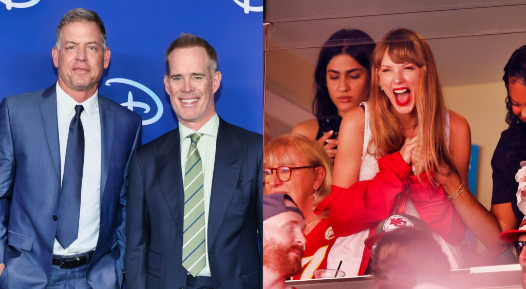 Photo of Troy Aikman and Joe Buck smiling and photo of Taylor Swift cheering at Chiefs game