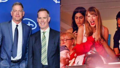 Photo of Troy Aikman and Joe Buck smiling and photo of Taylor Swift cheering at Chiefs game