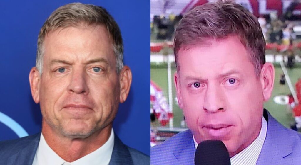 Split photo of Troy Ailkman posing for the camera and the Troy Aikman white Jay-Z image.