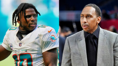 Photo of Tyreek Hill in Dolphins jersey and photo of Stephen A. Smith in suit