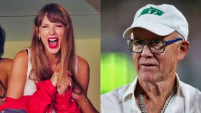 Woody Johnson in Jets cap. Taylor Swift smiling