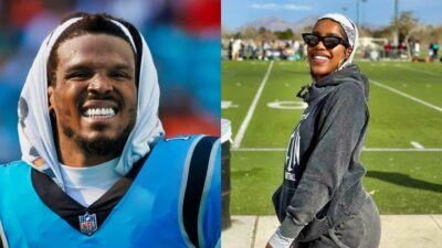 Cam Newton in panthers unifrom. Jasmin Brown posing