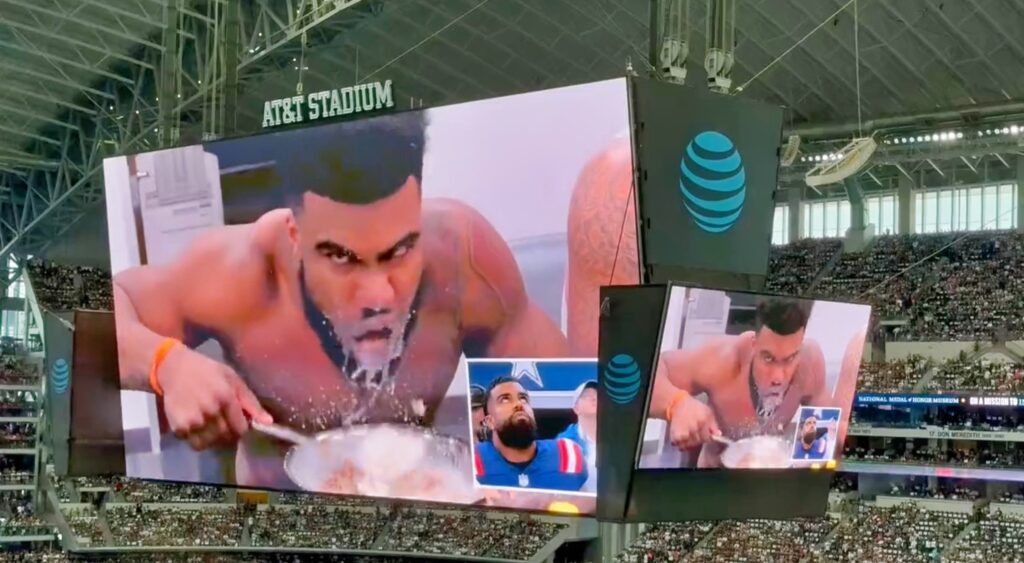 Tribute of Ezekiel Elliott shown on video board at AT&T Stadium.