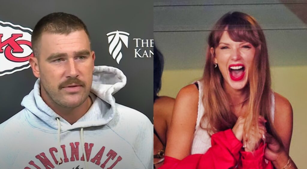 Travis Kelce in Cincinnati hoodie. Taylor Swift smiling