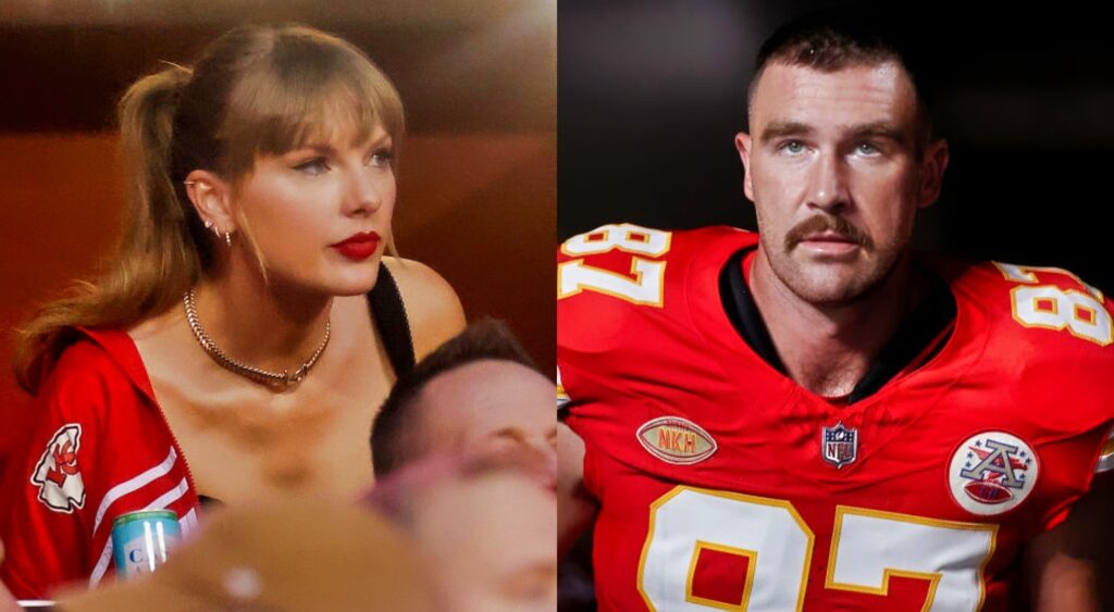 Taylor swift at Chiefs game. Travis Kelce in uniform