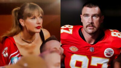 Taylor swift at Chiefs game. Travis Kelce in uniform