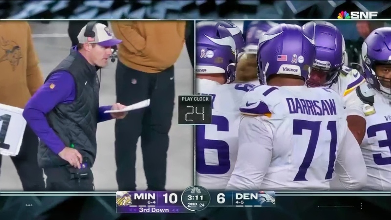 Screenshot of Kevin O'Connell (left) and Vikings players talking (right).
