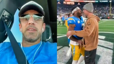 Photo of Aaron Rodgers in hat and shades and photo of Aaron Rodgers speaking to Derwin James