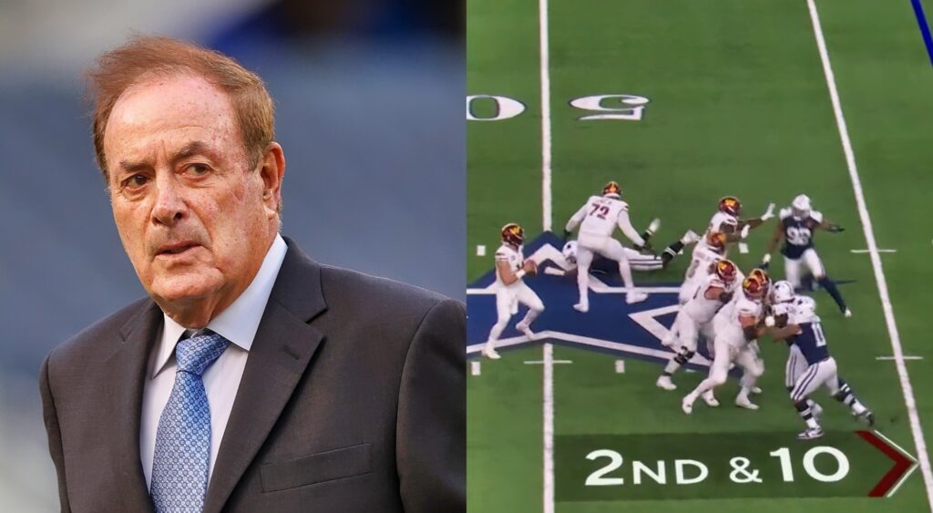 Photo of Al Michaels in suot and photo of Sam Howell throwing a football vs. the Cowboys