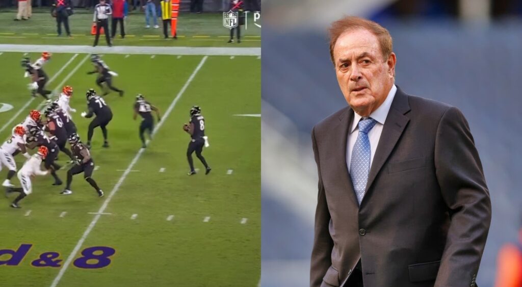 Al Michaels in suit. Ravens and Bengals players on field
