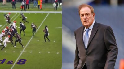 Al Michaels in suit. Ravens and Bengals players on field