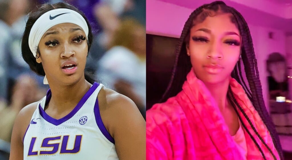 Photo of Angel Reese in LSU uniform and photo of Angel Reese in pink robe