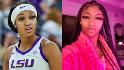 Photo of Angel Reese in LSU uniform and photo of Angel Reese in pink robe