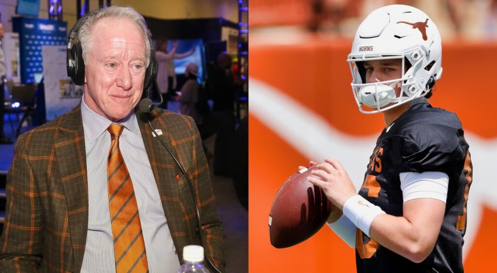 Photo of Archie Manning in suit and photo of Arch Manning holding football