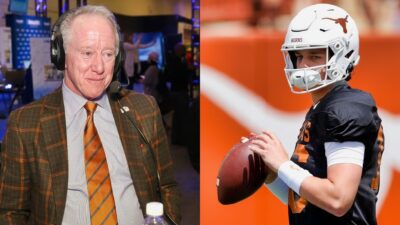 Photo of Archie Manning in suit and photo of Arch Manning holding football
