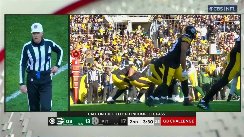 Screenshot of referee and Pittsburgh Steelers on offense.