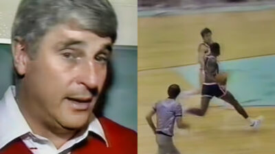Photo of Bobby Knight speaking and photo of Michael Jordan going for a layup