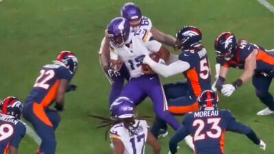 Still from game between Broncos and Vikings