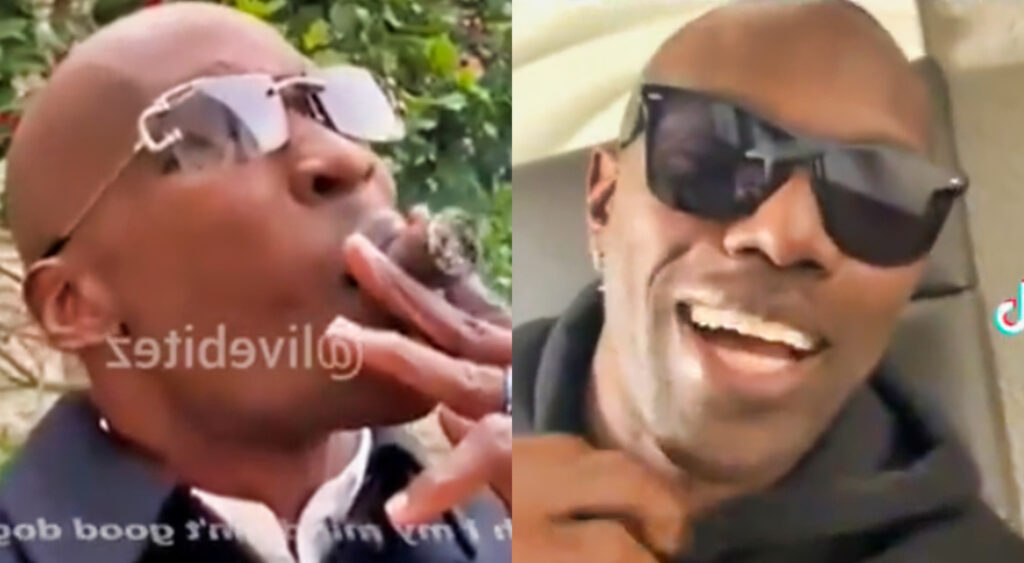 Photo of Chad Ochocinco smoking a cigar and photo of Terrell Owens laughing