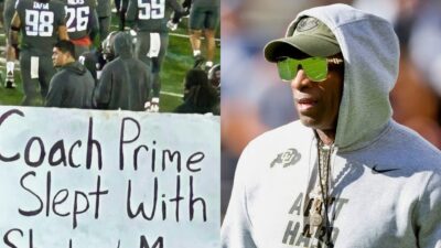 Photo of fan sign at Colorado game and photo of Deion Sanders in hat, hoodie, and shades