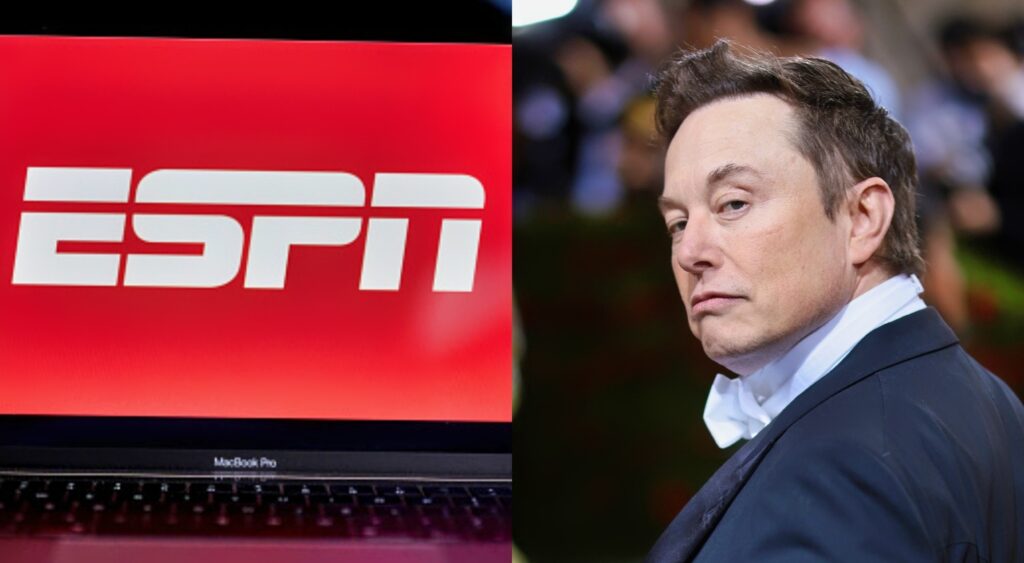 Photo of ESPN signage and photo of Elon Musk smirking