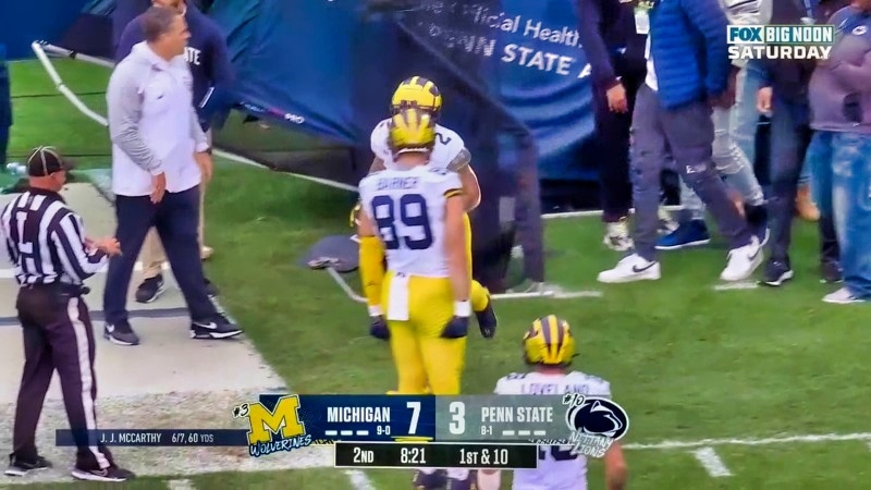 Michigan Wolverines players celebrating a touchdown.