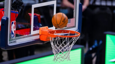 NBA basketball right over hoop
