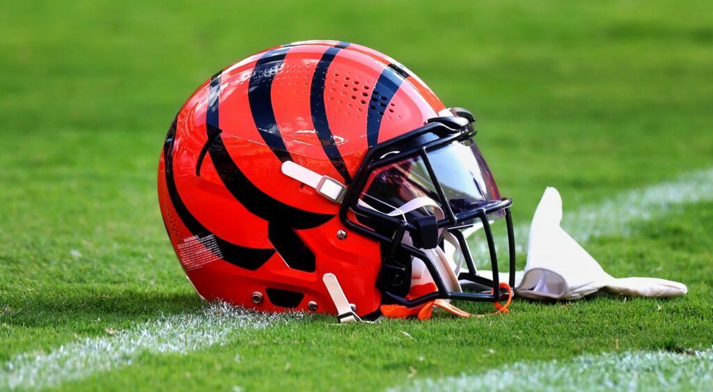 Cincinnati Bengals helmet shown on field.