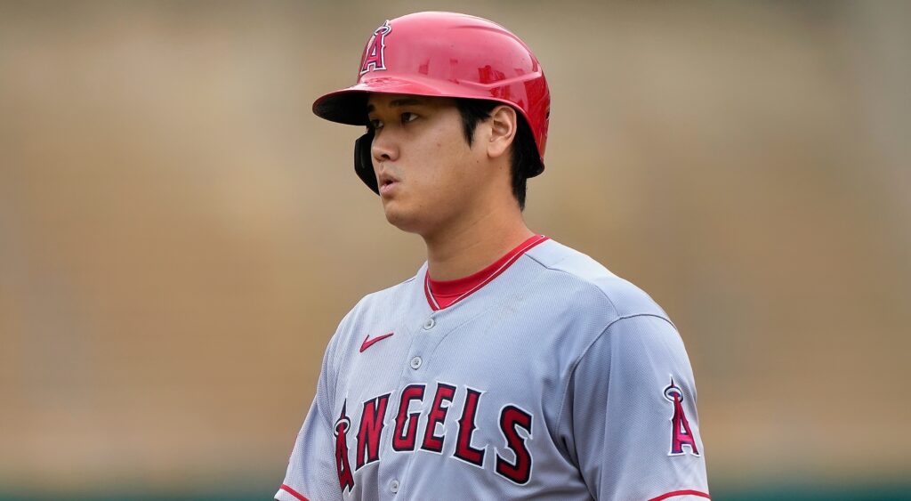 Shohei Ohtani of Los Angeles Angels looking on.