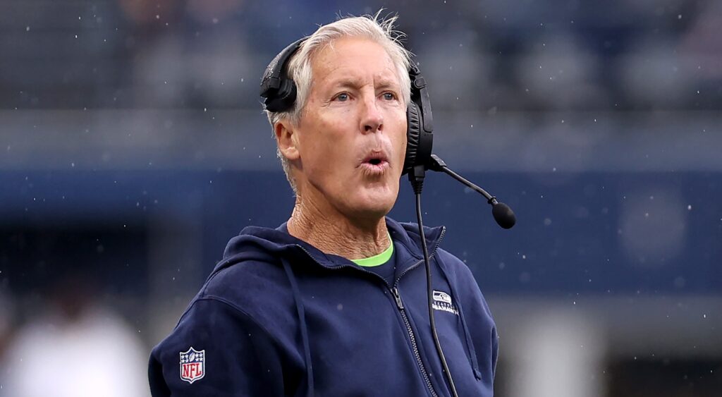 Pete Carroll of Seattle Seahawks looking on during game.