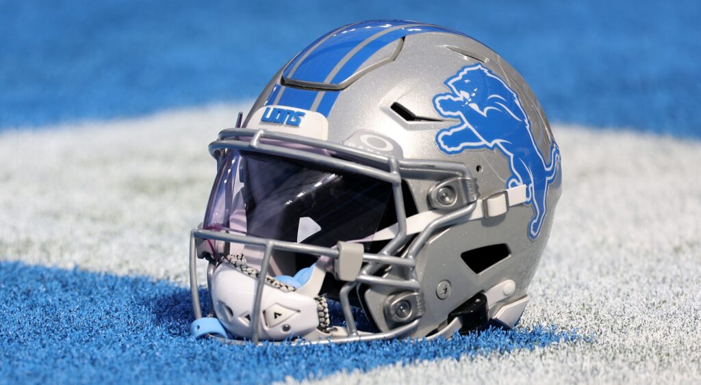 Detroit Lions helmet shown on SoFi Stadium field.