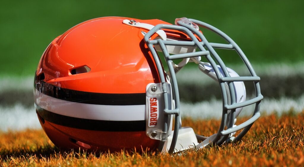 Browns helmet on the field.