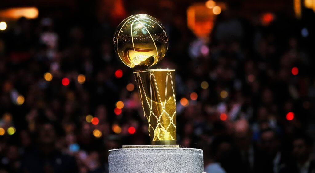 Larry O'Brien Trophy on the stage.