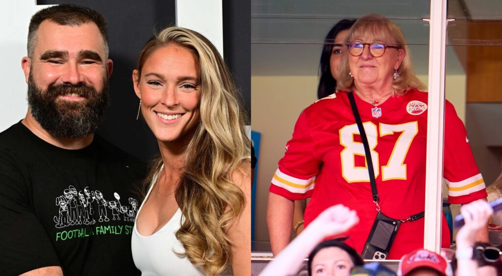Split image of Jason and Kylie Kelce posing for the camera and Donna Kelce watching a Chiefs game from the box.