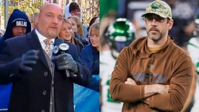 Photo ofJay glazer speking into a mic and photo of Aaron Rodgers standing with his arms