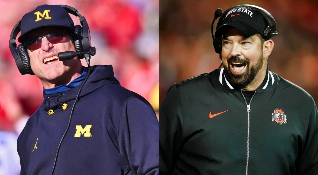 Photo of Jim harbaugh in Michigan gear and photo of Ryan Day laughing