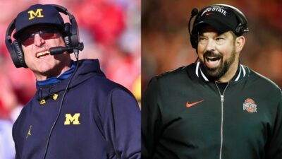 Photo of Jim harbaugh in Michigan gear and photo of Ryan Day laughing