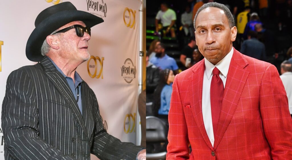 Photo od Jim Irsay in cowboy hat and sunglasses and photo of Stephen A. Smith in red suit