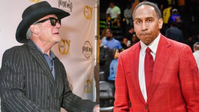 Photo od Jim Irsay in cowboy hat and sunglasses and photo of Stephen A. Smith in red suit