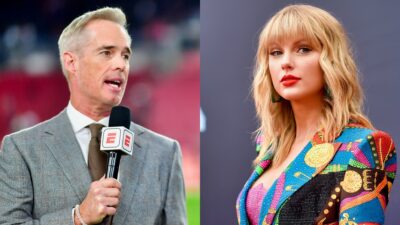 Photo of Joe Buck holding mic and photo of Taylor Swift in multicolored outfit