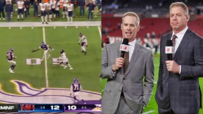 Photo of final sequence between Bears and Vikings and photo of Joe Buck and Troy Aikman speaking into mics